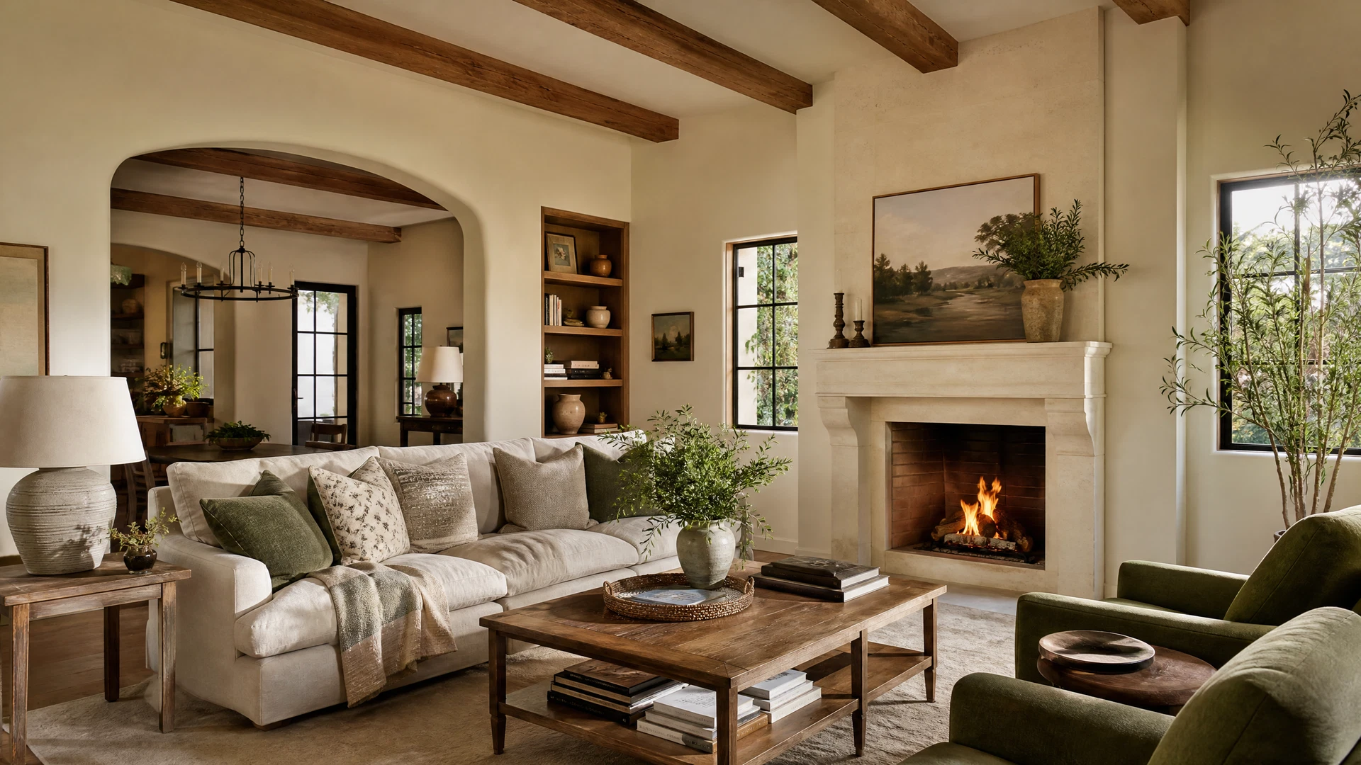 Warm home interior with wood beams